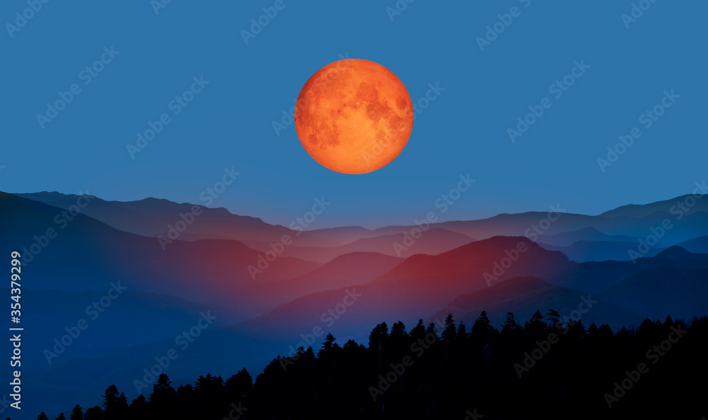 Poster bloody moon of total lunar eclipse with blue mountains 