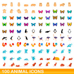 100 animal icons set. Cartoon illustration of 100 animal icons vector set isolated on white background