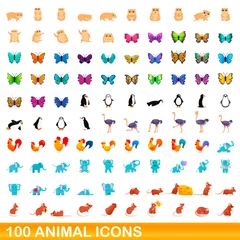 Stickers muraux Licornes Ensemble de 100 icônes d& 39 animaux. Bande dessinée illustration de 100 animaux icônes vectorielles ensemble isolé sur fond blanc