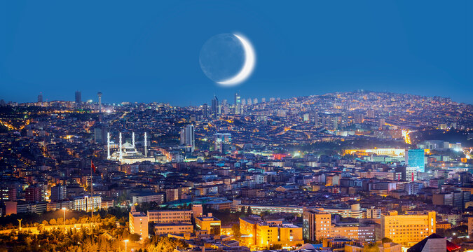 Ankara, Capital city of Turkey with crescent moon "Elements of this Image Furnished by NASA"