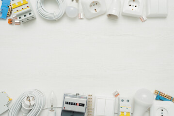 Electric equipment and accessories concept flat lay background with copy space.