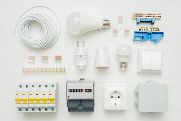 Electric equipment and accessories concept flat lay background.
