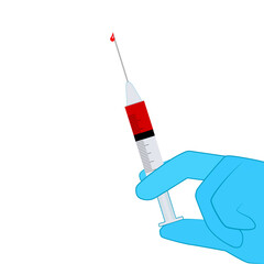 Hand in glove holding a syringe with blood sample and a drop of blood on the needle. Vector illustration