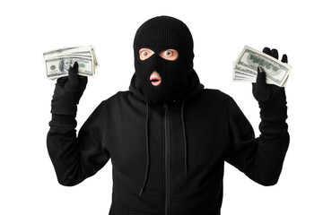Arrested masked thief with raised arms isolated on white wall