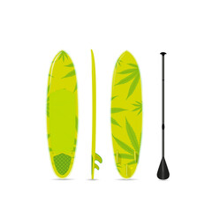 Vector green surf sup board with a pattern of marijuana. three sides.