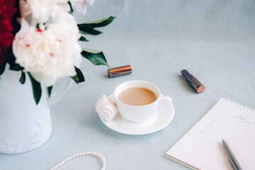 Morning coffee with flowers.