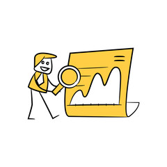 businessman using magnifier glass scanning data report for data analytics concept yellow stick figure theme