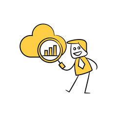 businessman using magnifier glass analytics cloud data yellow stick figure theme