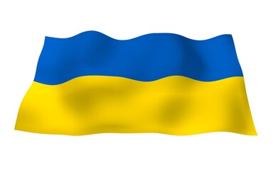 The flag of Ukraine on a white background. National flag and state ensign. Blue and yellow bicolour. 3D illustration waving flag