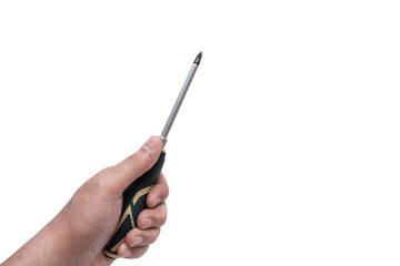 Hand holding cross head screwdriver on white backdrop. Automotive industry. Repair service concept.