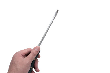 Hand holding flat head screwdriver on white backdrop. Automotive industry. Repair service concept.