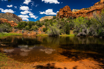 Fototapeta na wymiar I captured this image outside of Sedona, Arizona, on a remote road, where I found a beautiful little lake with lots of reflections.