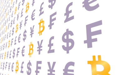 Bitcoin and currency on a white background. Digital crypto currency symbol. Wave effect, currency market fluctuations. Business concept. 3D illustration