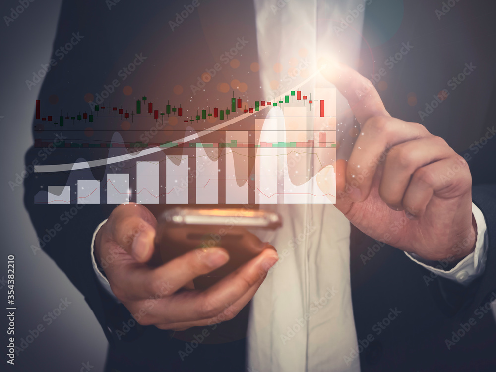 Poster business people use smartphone with business graph analytics and financial concept on technology net