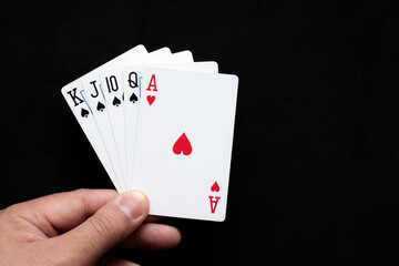 Straight combination in poker on black background. Poker combinations concept.