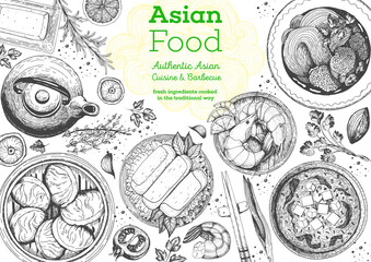 Asian cuisine top view frame. Food menu design with noodles, soup miso, dumplings shrimps and rolls. Vintage hand drawn sketch vector illustration.