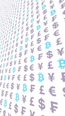 Bitcoin and currency on a white background. Digital crypto currency symbol. Business concept. Market Display. 3D illustration