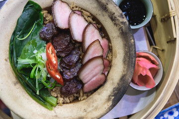 Roasted Pork Rice Chinese style in clay pot