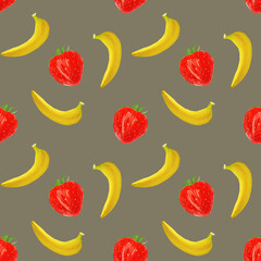 gouache seamless pattern with fruits and berries bananas and strawberry on a pale brown background, vegetarian pattern for diet, healthy eating for restaurant menu, packaging, textile