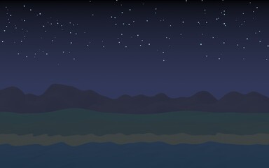 Obraz premium Starry moonless sky. Ocean shore line with waves on a beach. Island beach paradise with waves. Vacation, summer, relaxation. Seascape, seashore. Minimalist landscape, primitivism. 3D illustration