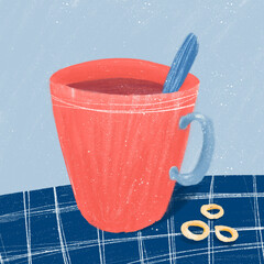 Hand drown illustration with cup of tea on table. Red cup with blue spoon and blue tablecloth. Cute kawaii illustration with texture for lifestyle design. Breakfest concept for poster, blog, banner