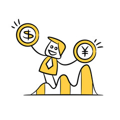 businessman holding dollar and yuan money yellow stick figure theme