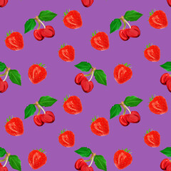gouache seamless pattern with fruits and berries cherry and strawberry on a lilac background, vegetarian pattern for diet, healthy eating. Use as restaurant menu, packaging, product design,textile