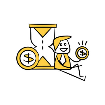 businessman holding money and sitting next to hourglass yellow stick figure theme