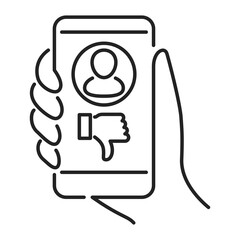 Fototapeta premium Cyberbullying victim hand holding smartphone black line icon. Abuse, internet, hate concept. Social media insult. Isolated vector element. Outline pictogram for web page, mobile app, promo.