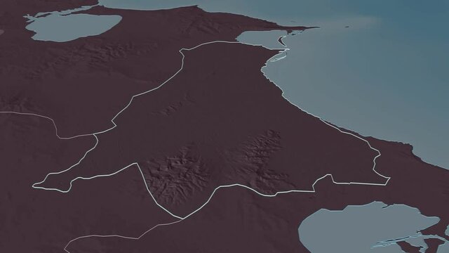 Ariana, governorate with its capital, zoomed and extruded on the administrative map of Tunisia in the conformal Stereographic projection. Animation 3D