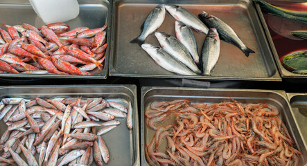 Fish and shrimp on the counter of the street market. Italy