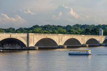 Potomac River with boat and Arlington Memorial Bridge.