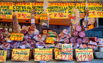 Sausage, meat counter on the open market