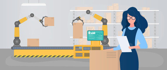 Automatic conveyor line with robotic arms. Production warehouse with boxes and pallets. Вектор.