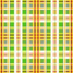 Simple and at the same time bright checkered pattern, seamless checkered print from stripes and squares of yellow, white, green and red colors.