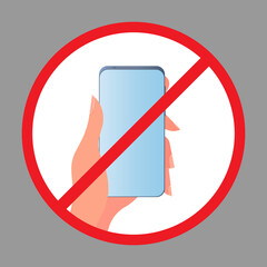 Crossed out hand icon with a phone. The concept of banning devices, device free zone, digital detox. Blank for sticker. Isolated. Vector.