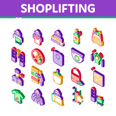 Shoplifting Elements Icons Set Vector Video Camera And Guard Security From Shoplifting, Human Shoplifter Silhouette Illustrations