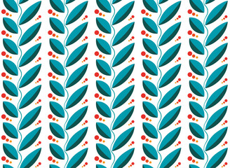 Blue fresh leaves with red and orange berries. Seamless background pattern texture in vector.