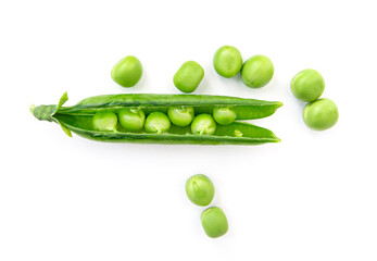 Close-up fresh, raw green pea with peas isolated on white background