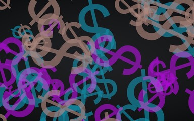 Multicolored translucent dollar signs on dark background. Red tones. 3D illustration