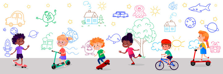 Vector set of happy kids riding skates, rollers, scooter and bike. Summer holidays outdoor activities for children.  illustration on white isolated background.