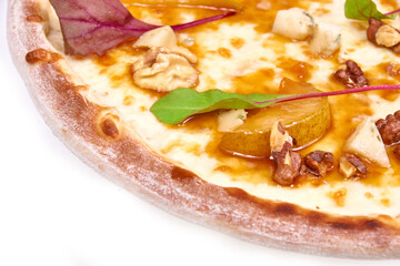 Pizza with pear and rucola isolated on white background