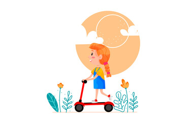 Happy girl riding on scooter vector cartoon illustration. Summer holidays outdoor activities for children. illustration on white isolated background.