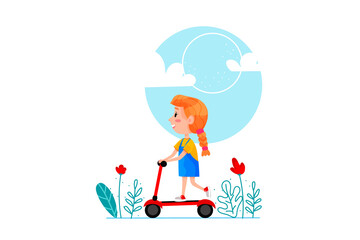 Happy girl riding on scooter vector cartoon illustration. Summer holidays outdoor activities for children. illustration on white isolated background.