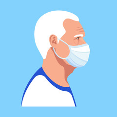 Aged man in a medical face mask profile portrait on blue background. Covid-19 older people protection concept. Vector Illustration.