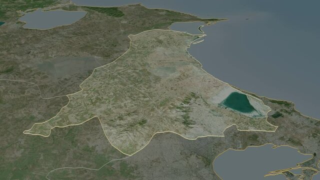 Ariana, governorate with its capital, zoomed and extruded on the satellite map of Tunisia in the conformal Stereographic projection. Animation 3D
