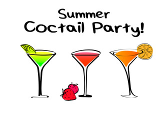 Three cocktails with the words summer coctail party. Colorful set of drinks with fruit in doodle style . Vector illustration isolated on a white background