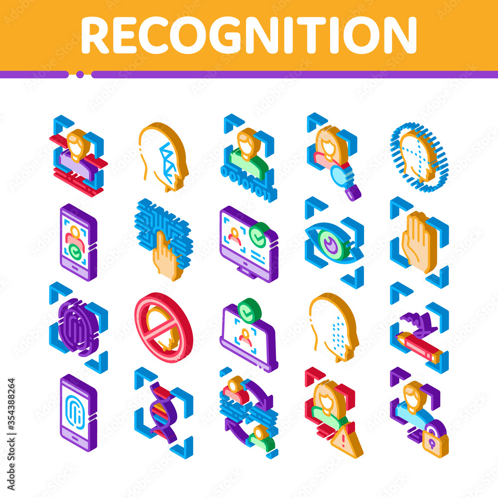 Poster recognition elements icons set vector. isometric eye scanning, biometric recognition, face id system