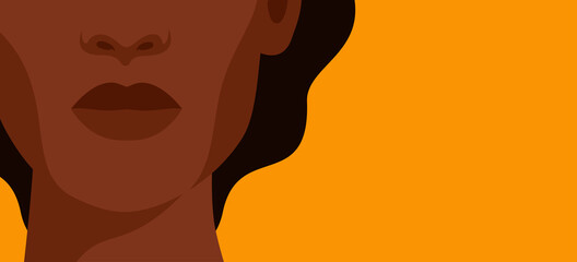 The face of a young strong African woman on yellow background. Concept of fighting for equality and female empowerment movement. Vector horizontal banner.