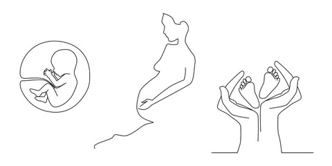 Pregnancy women, baby legs. Line illustrations. Mommy soon. Congratulation. Its a girl. Vector, poster.